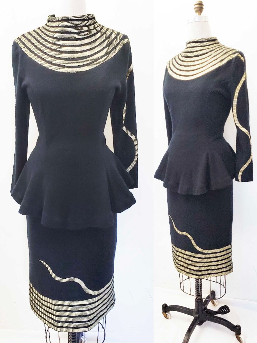 VTG  Lisandro Sarasola Womens Black Gold 2 Piece Knit Set Sweater Skirt Cashmere